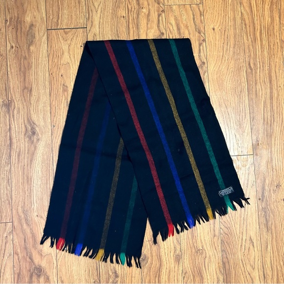 100% Lambswool Scarf | Black w/ Red, Blue, Yellow & Green Stripes - Picture 3 of 4